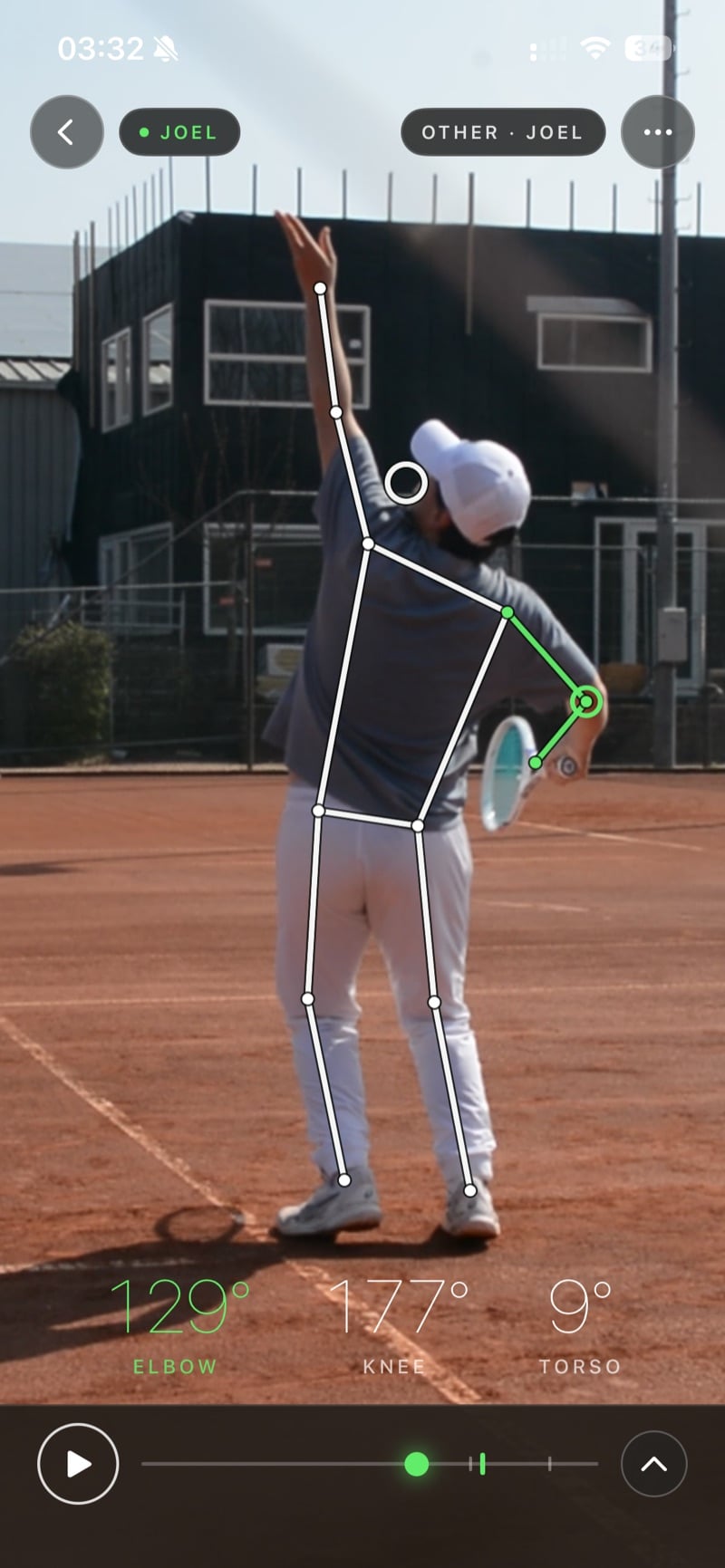 Contakt Vision on an iPhone: a real serve with the tracked skeleton drawn over the player and live joint angles reading 129 degrees elbow, 177 knee, 9 torso
