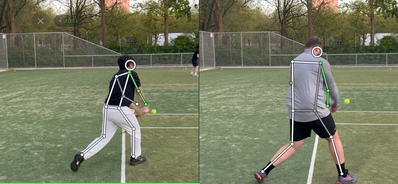 Compare view: two of the player's strokes playing side by side, each with its skeleton, aligned on one shared timeline