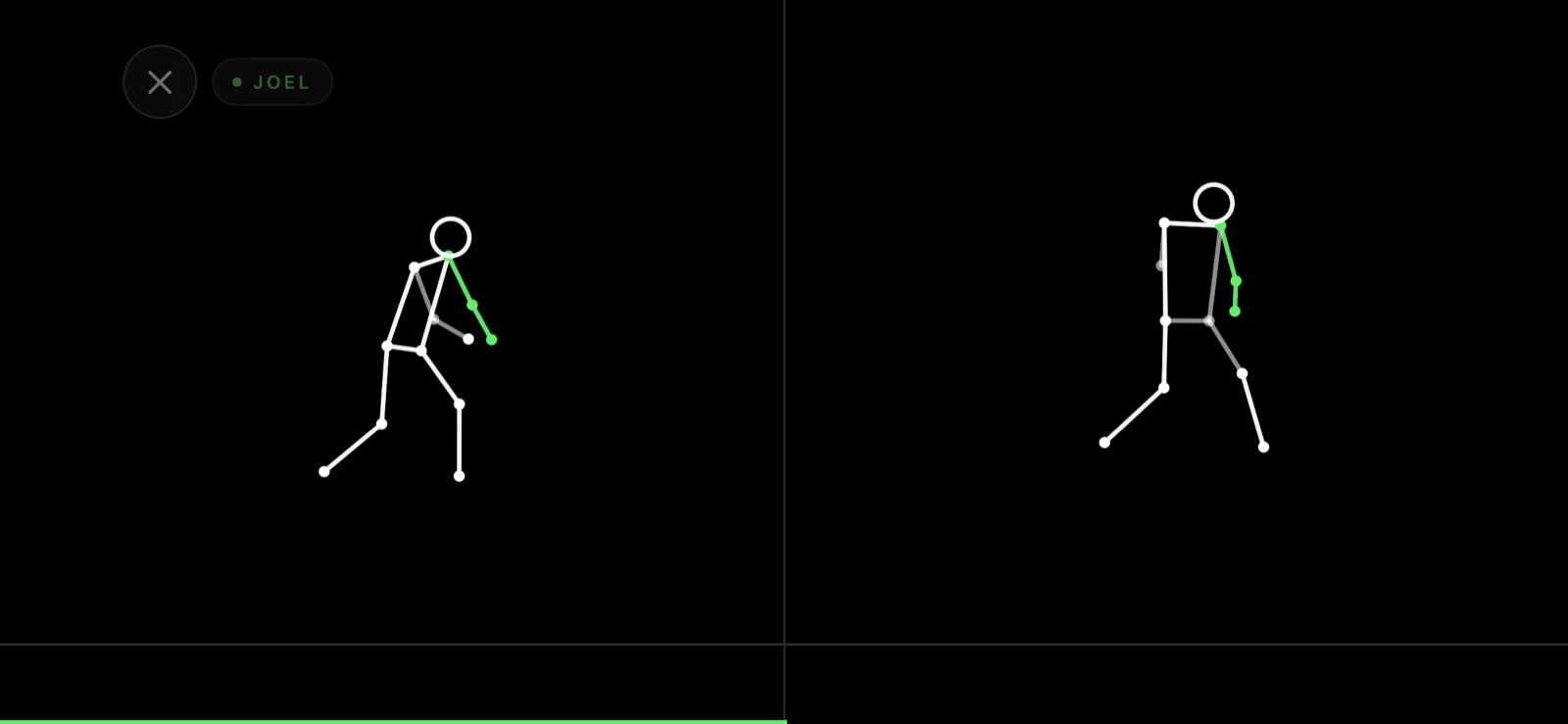 Two of the same player's strokes reduced to clean tracked skeletons on a black background, side by side